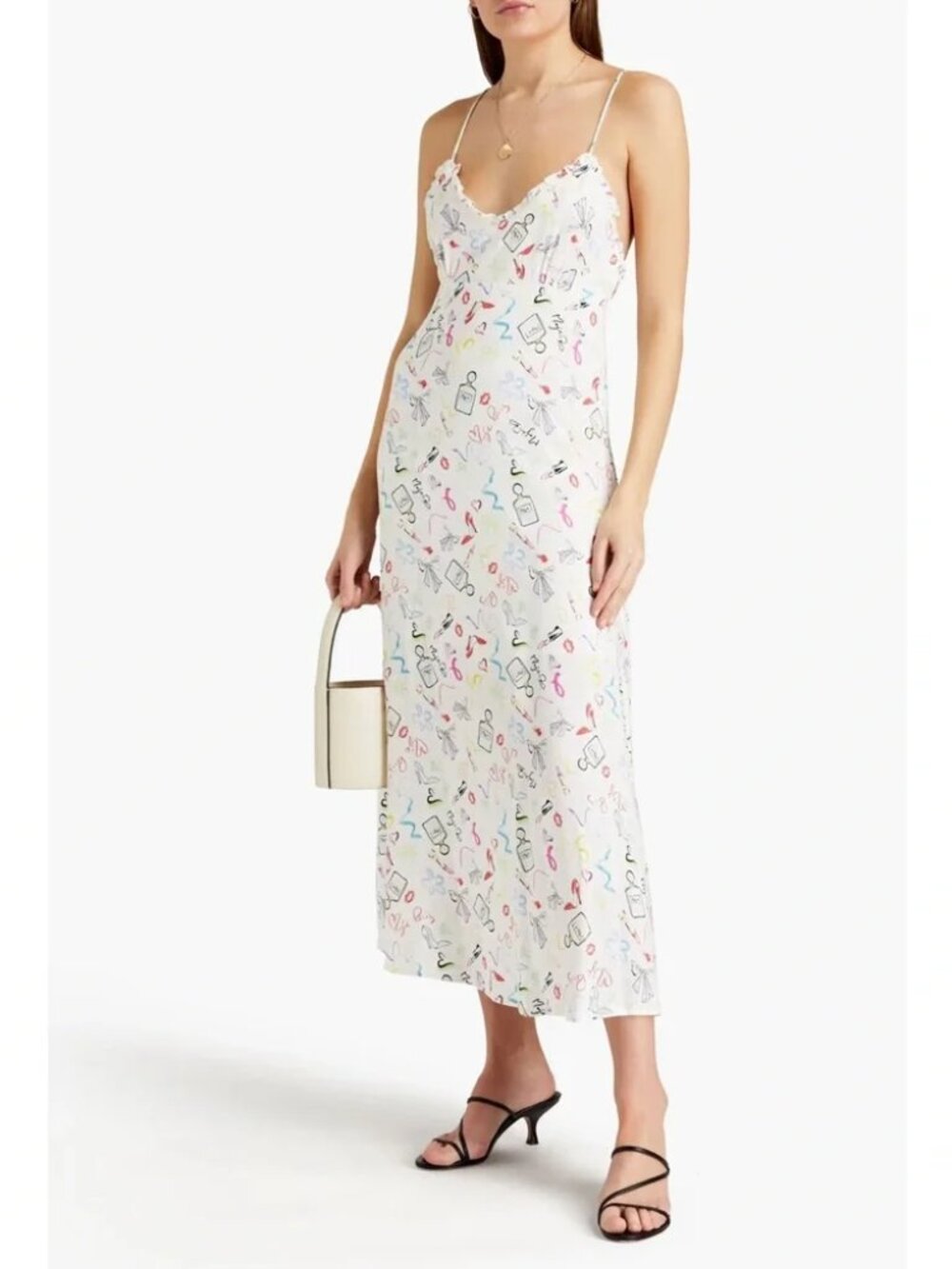 MAJE Retake Slip Dress Maxi Whimsical Paris boudoir print Flowy White Crepe midi